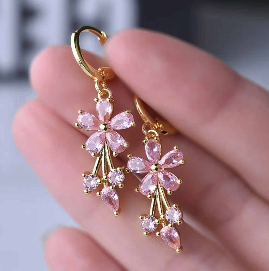 Pink Daisy Hoop Earrings in 18K Gold Plating