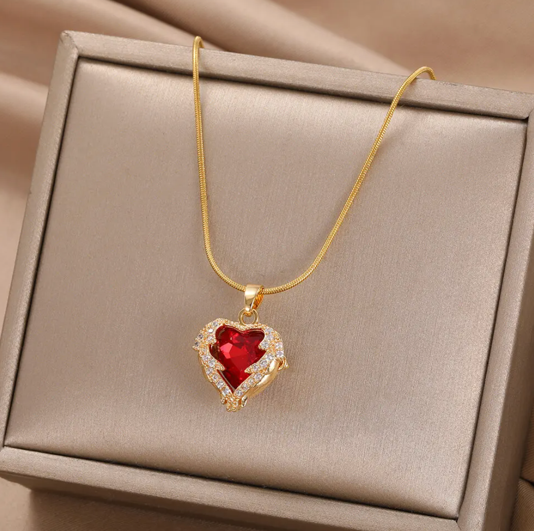 18K Gold Plated Necklace with Red Heart and Strass