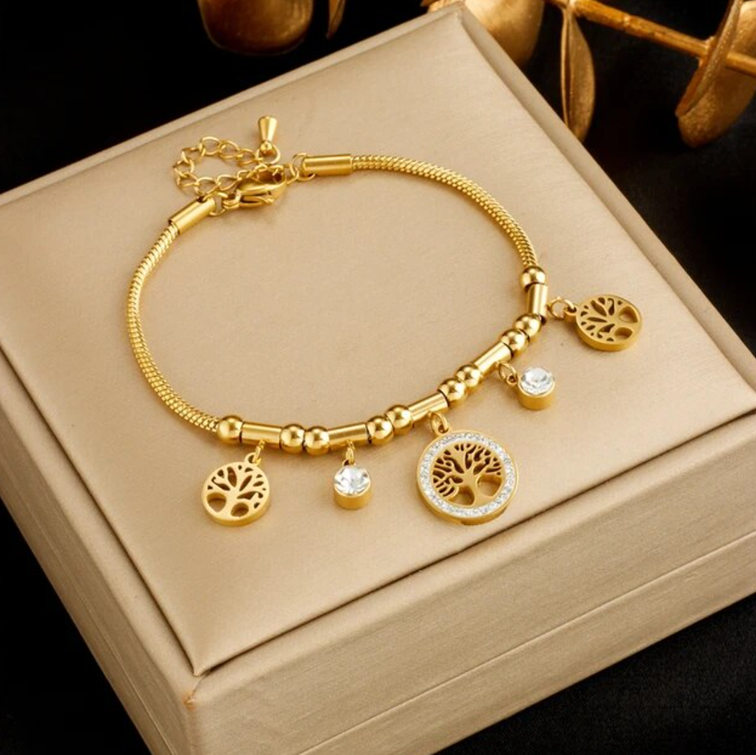 18K Gold Plated Bracelet with 3 Trees of Life and Strass