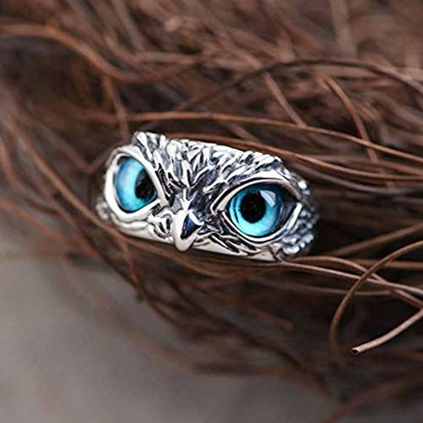 Adjustable Good Luck Owl ring in silver and opal