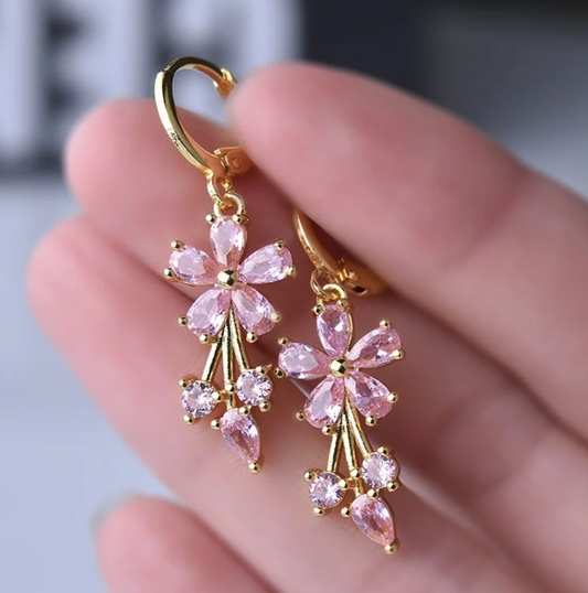 Pink Daisy Hoop Earrings in 18K Gold Plating