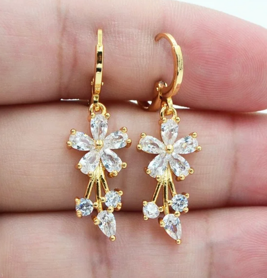 White Crystal Daisy Hoop Earrings in 18K Gold Plating