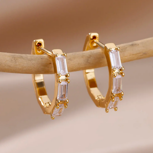 Thin Hoop Earrings with Geometric Crystals in 18K Gold Plating
