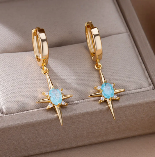 Hoop Earrings with North Star Pendant in Turquoise in 18K Gold Plating