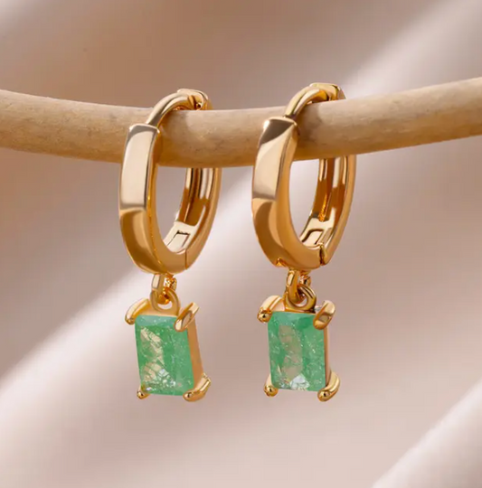 Small Rectangular Pendant Earrings with Green Quartz in 18K Gold Plating
