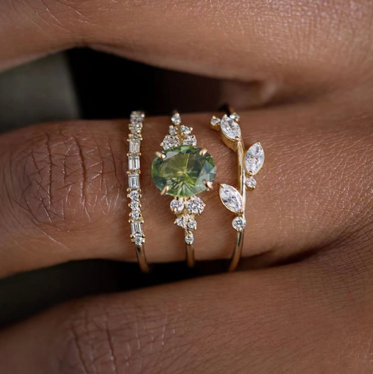 Triple 18K Gold Plated Ring with Leaves and Jade