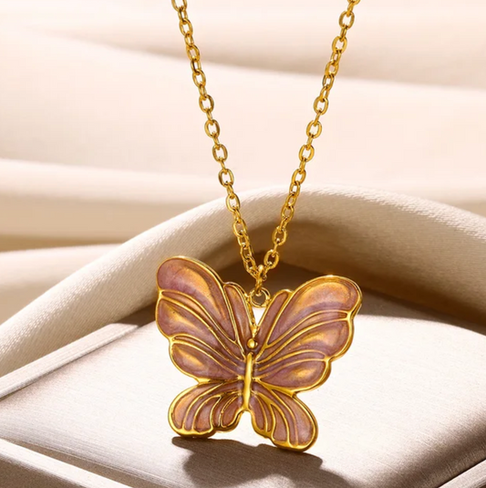 Pink Enamel Butterfly Necklace in 18K Gold Plating