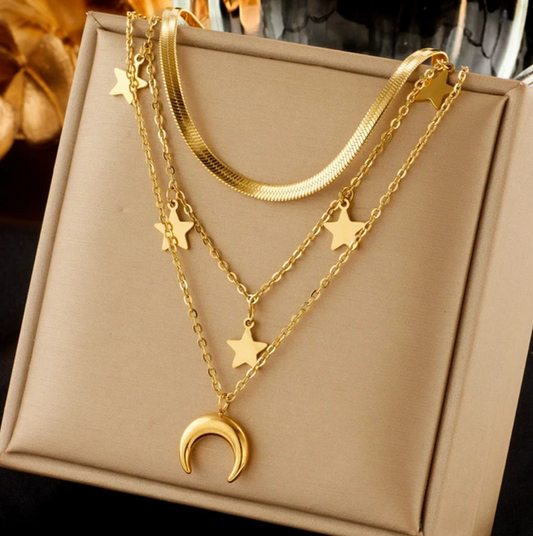 Triple 18K Gold Plated Necklace with Stars, Choker and Moon