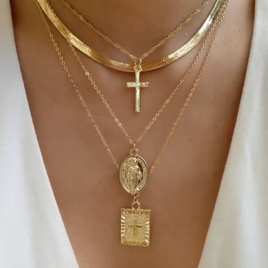 Set of 4 18K Gold Plated Necklaces with Choker and Cross