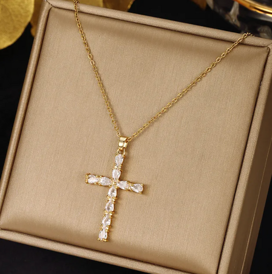 White Cross Necklace with Fine Crystals in 18K Gold Plating