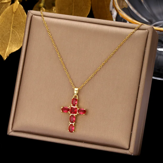 Red Crystal Cross Necklace in 18K Gold Plating