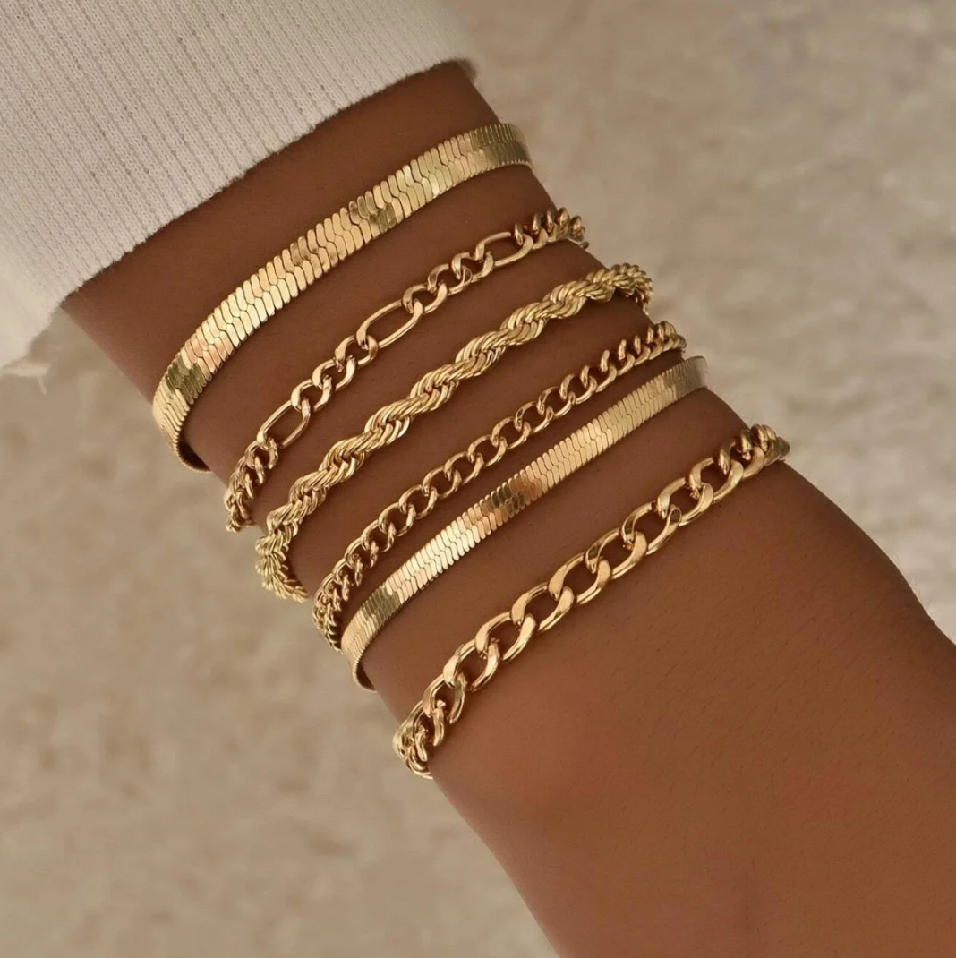 Set of 18K Gold Plated Bracelets with Different Chain Styles