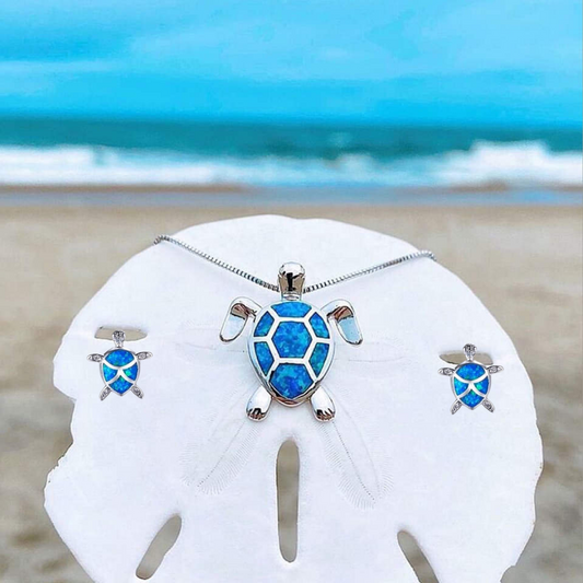 Turtle Sea Opal and Silver Necklace + Earrings Set