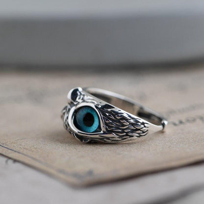 Adjustable Good Luck Owl ring in silver and opal