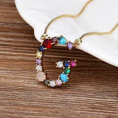 Necklace with Initials and Gemstones in 18K Gold Plating