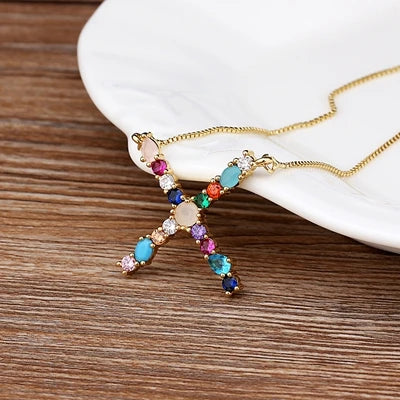 Necklace with Initials and Gemstones in 18K Gold Plating
