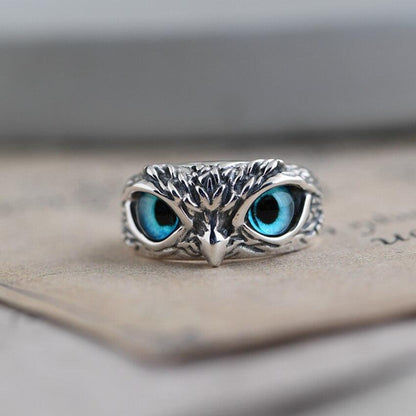 Adjustable Good Luck Owl ring in silver and opal