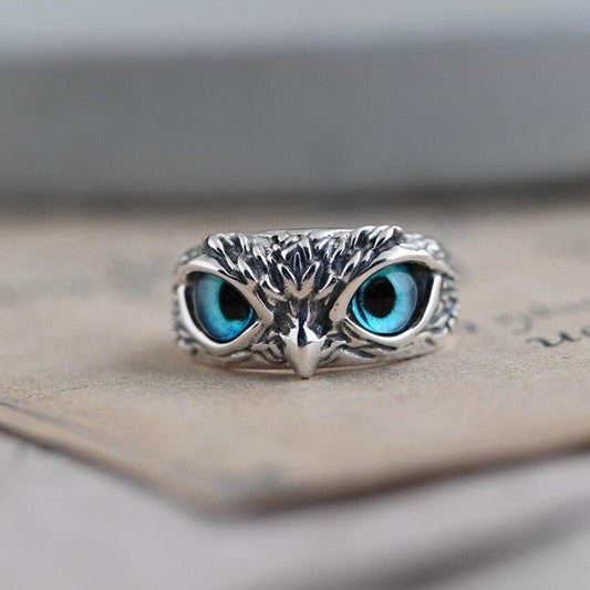 Adjustable Good Luck Owl ring in silver and opal