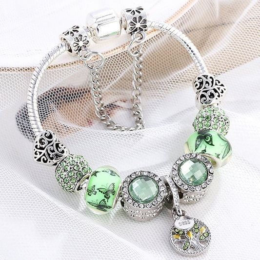 Silver and green crystal bracelet