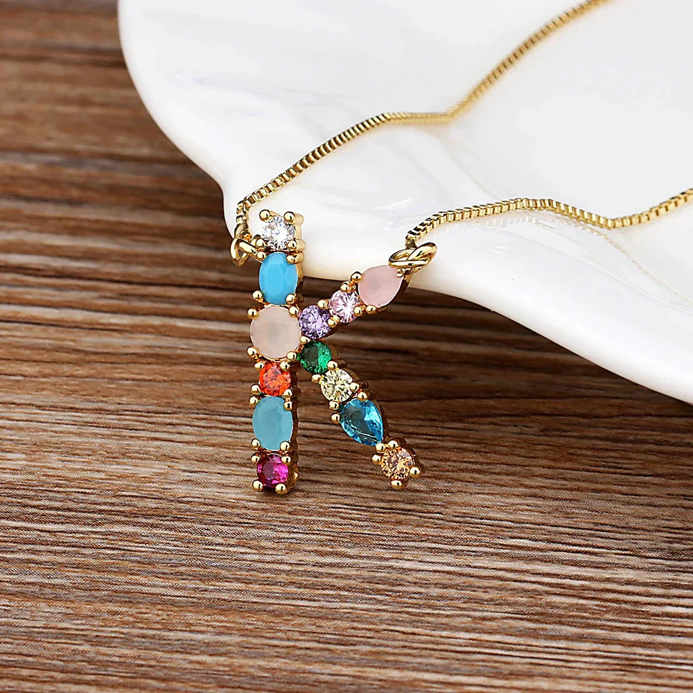 Necklace with Initials and Gemstones in 18K Gold Plating
