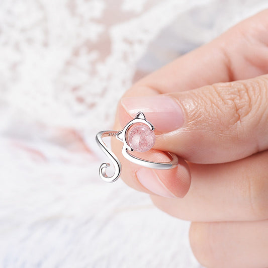 Pink Kitten Ring in 925 Silver and Agate