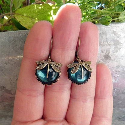 Dragonfly earrings with crystals in antique gold tone