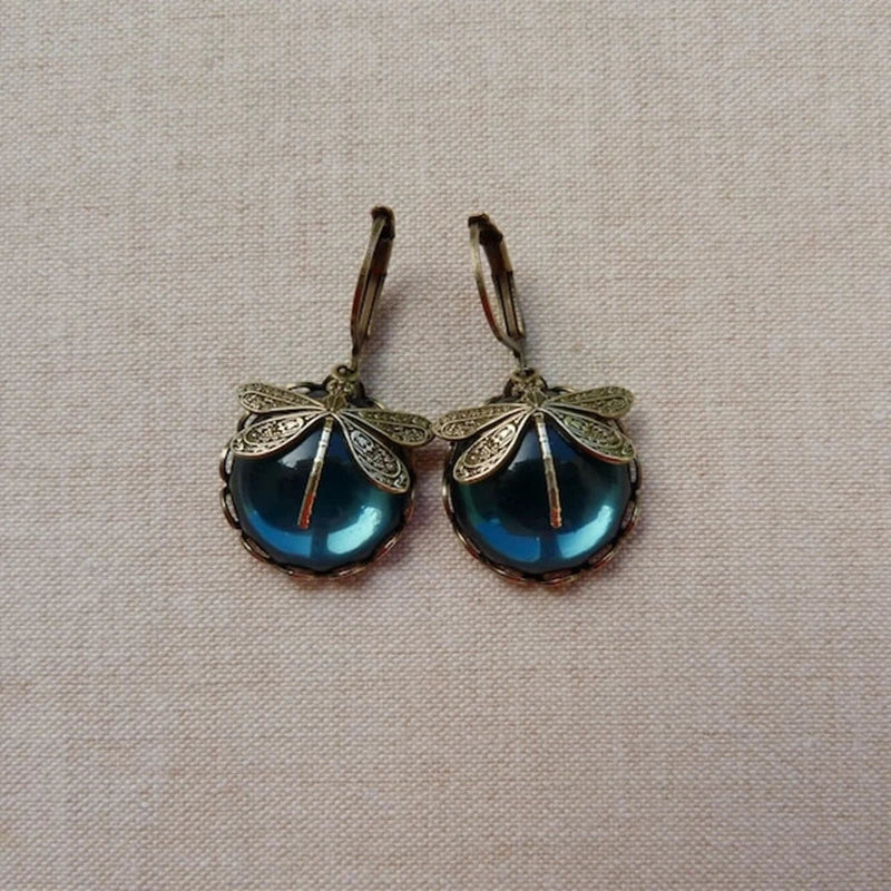 Dragonfly earrings with crystals in antique gold tone