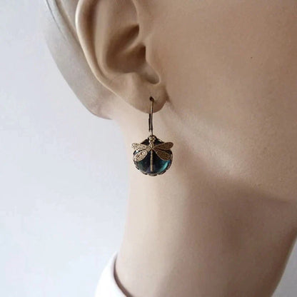 Dragonfly Crystal Earrings in Antique Gold