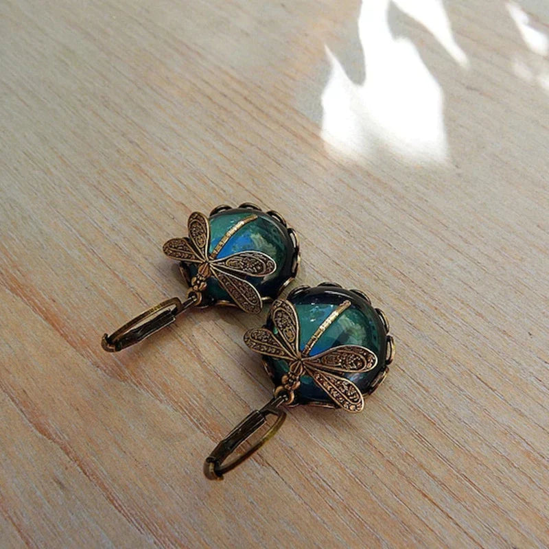 Dragonfly earrings with crystals in antique gold tone