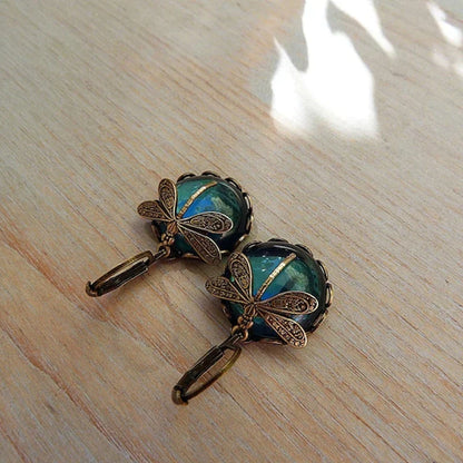 Dragonfly earrings with crystals in antique gold tone