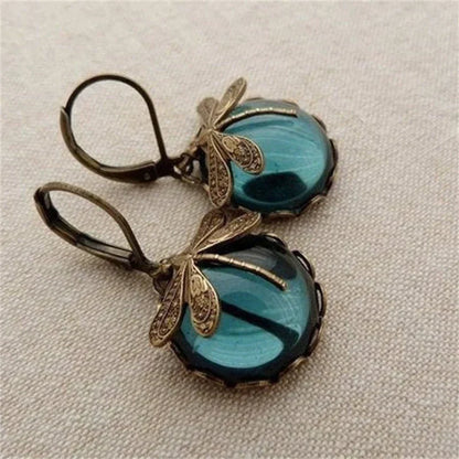 Dragonfly earrings with crystals in antique gold tone