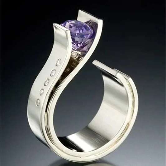 Silver vintage-style ring with purple crystal