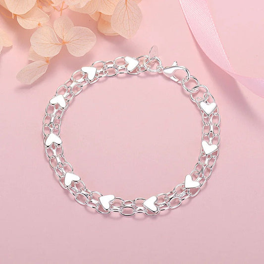 925 Silver Bracelet with Chain and Hearts
