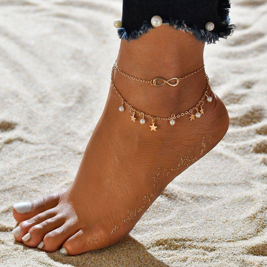 Infinity anklet bracelet with pearls and stars
