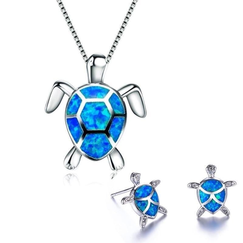 Turtle Sea Opal and Silver Necklace + Earrings Set