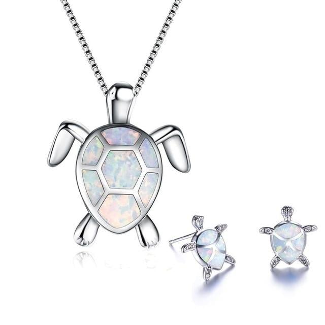 Turtle Sea Opal and Silver Necklace + Earrings Set