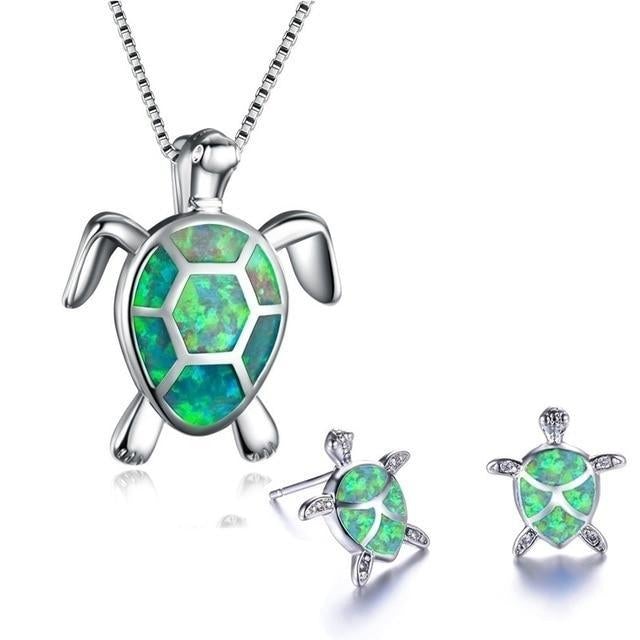 Turtle Sea Opal and Silver Necklace + Earrings Set
