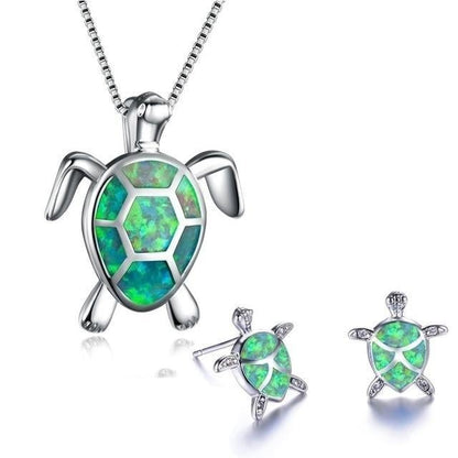 Turtle Sea Opal and Silver Necklace + Earrings Set