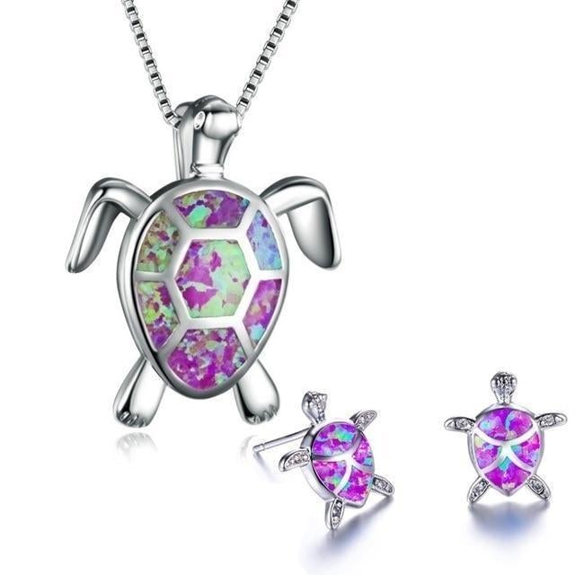 Turtle Sea Opal and Silver Necklace + Earrings Set