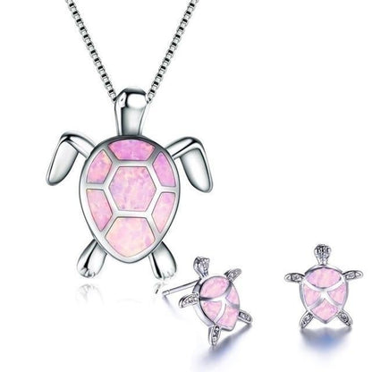 Turtle Sea Opal and Silver Necklace + Earrings Set