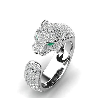 18-carat silver and 18-carat rose gold adjustable Jaguar ring with green cubic zirconia eyes